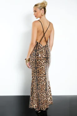 Robe maxi à sequins léopard au col drapé