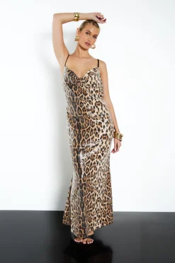 Robe maxi à sequins léopard au col drapé