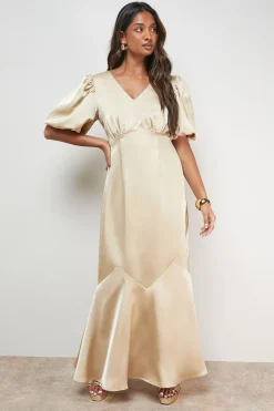 Robe Maxi Sirène en Satin à Manches Bouffantes et Col en V