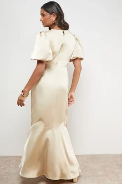 Robe Maxi Sirène en Satin à Manches Bouffantes et Col en V