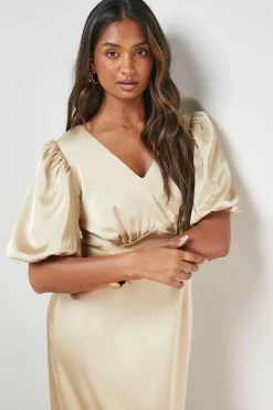 Robe Maxi Sirène en Satin à Manches Bouffantes et Col en V