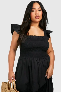Robe maxi smockée en coton Plus à manches volant