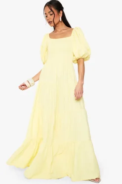 Robe maxi smockée froncée aux manches bouffantes extrêmes