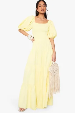 Robe maxi smockée froncée aux manches bouffantes extrêmes
