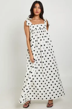 Robe Maxi Smock À Pois Avec Bretelles Nouées Aux Épaules