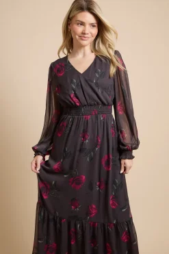 Dorothy Perkins Robe Maxi Étagée En Mousseline Imprimée Rose À Manches Bouffantes Et Devant Cache-cœur<Femme Toutes Les Robes|Robes D’Automne