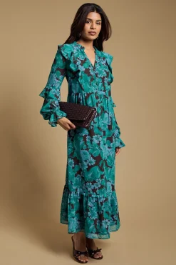 Robe Maxi Étagée En Mousseline À Volants Et Manches Longues Petite Taille