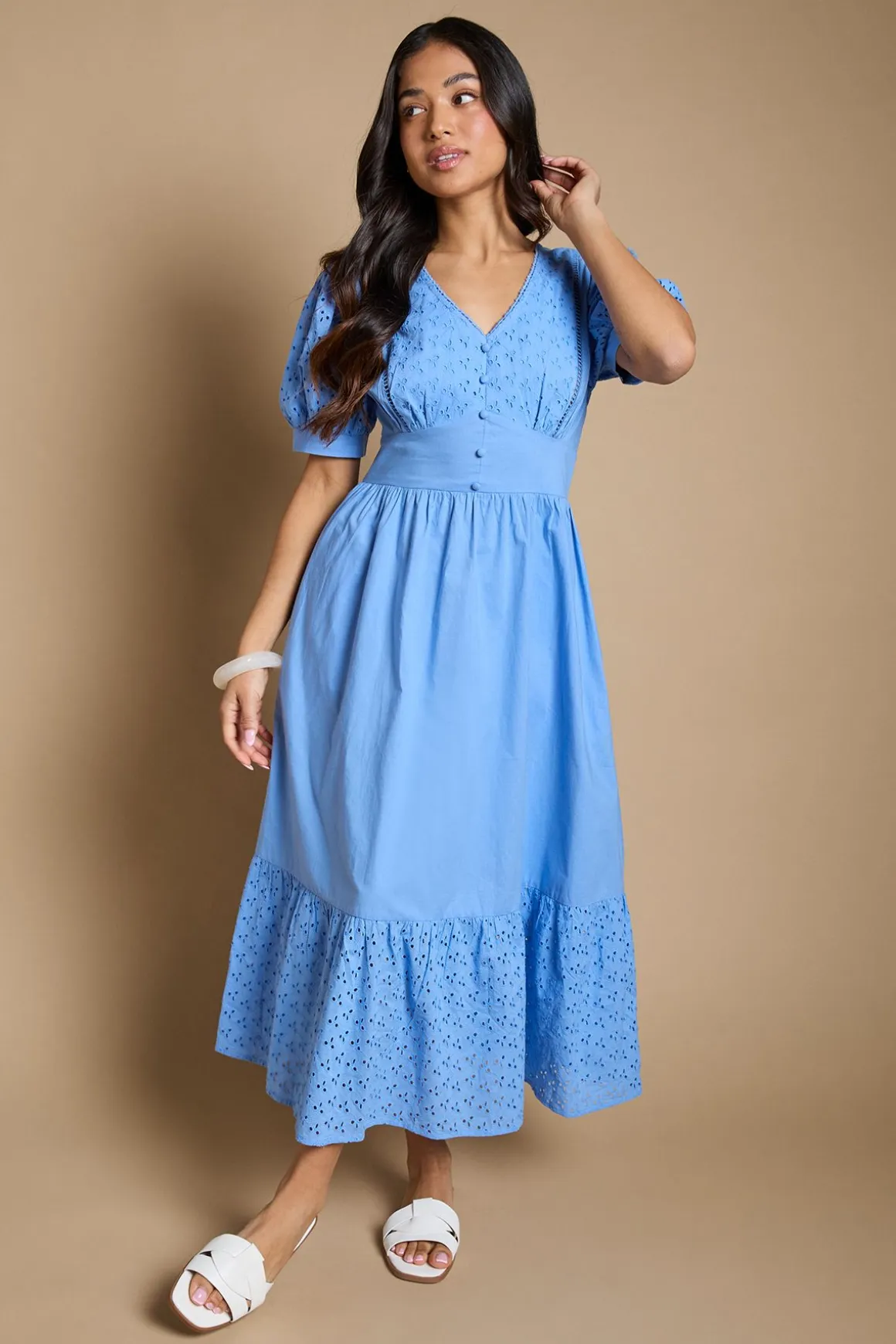 Robe Maxi Étagée En Popeline À Manches Bouffantes Et Finitions En Dentelle Broderie Anglaise Petite