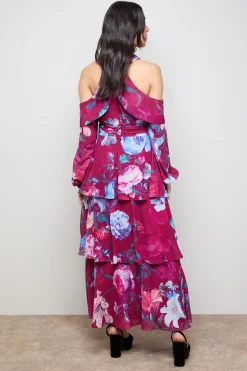 Robe Maxi Étagée Imprimée Col Halter et Épaules Dénudées