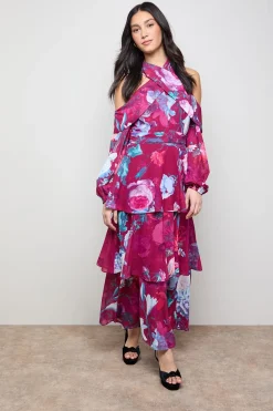 Robe Maxi Étagée Imprimée Col Halter et Épaules Dénudées
