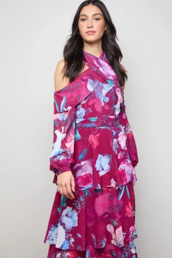 Robe Maxi Étagée Imprimée Col Halter et Épaules Dénudées