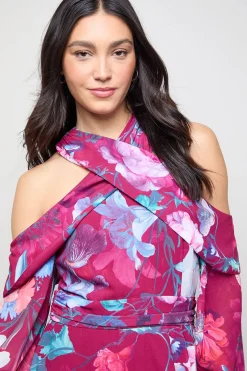 Robe Maxi Étagée Imprimée Col Halter et Épaules Dénudées