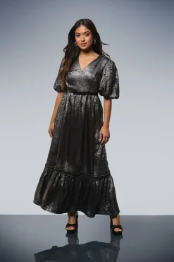 Dorothy Perkins Robe Maxi Étagée Petite DP Luxe à Manches Bouffantes Métallisées<Femme Robes De Soirée|Toutes Les Robes