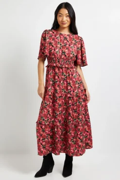 Robe Maxi Étagée Petite à Fleurs Rouges avec Taille Froncée et Manches Évasées