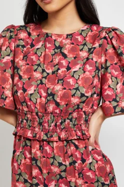 Robe Maxi Étagée Petite à Fleurs Rouges avec Taille Froncée et Manches Évasées