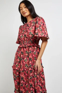 Robe Maxi Étagée Petite à Fleurs Rouges avec Taille Froncée et Manches Évasées