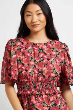 Robe Maxi Étagée Petite à Fleurs Rouges avec Taille Froncée et Manches Évasées
