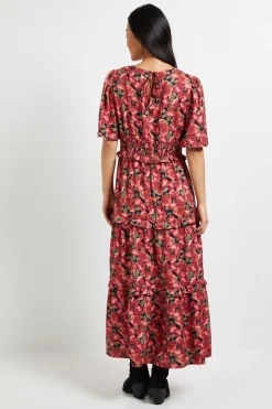 Robe Maxi Étagée Petite à Fleurs Rouges avec Taille Froncée et Manches Évasées