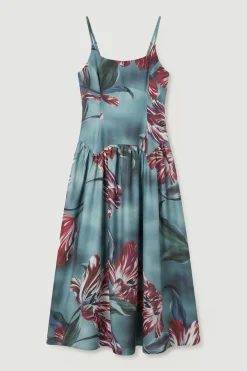 Robe Maxi à Taille Basse en Satin Épais à Imprimé Floral Photographique