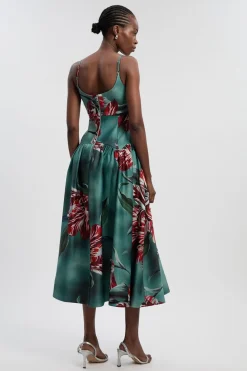 Robe Maxi à Taille Basse en Satin Épais à Imprimé Floral Photographique