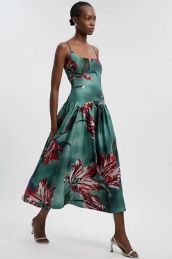Robe Maxi à Taille Basse en Satin Épais à Imprimé Floral Photographique