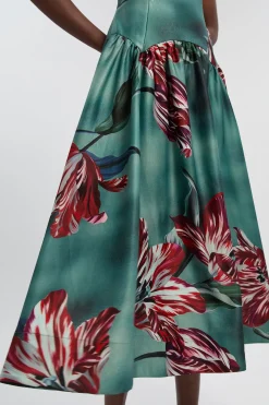 Robe Maxi à Taille Basse en Satin Épais à Imprimé Floral Photographique