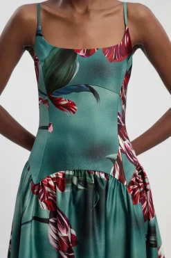 Robe Maxi à Taille Basse en Satin Épais à Imprimé Floral Photographique