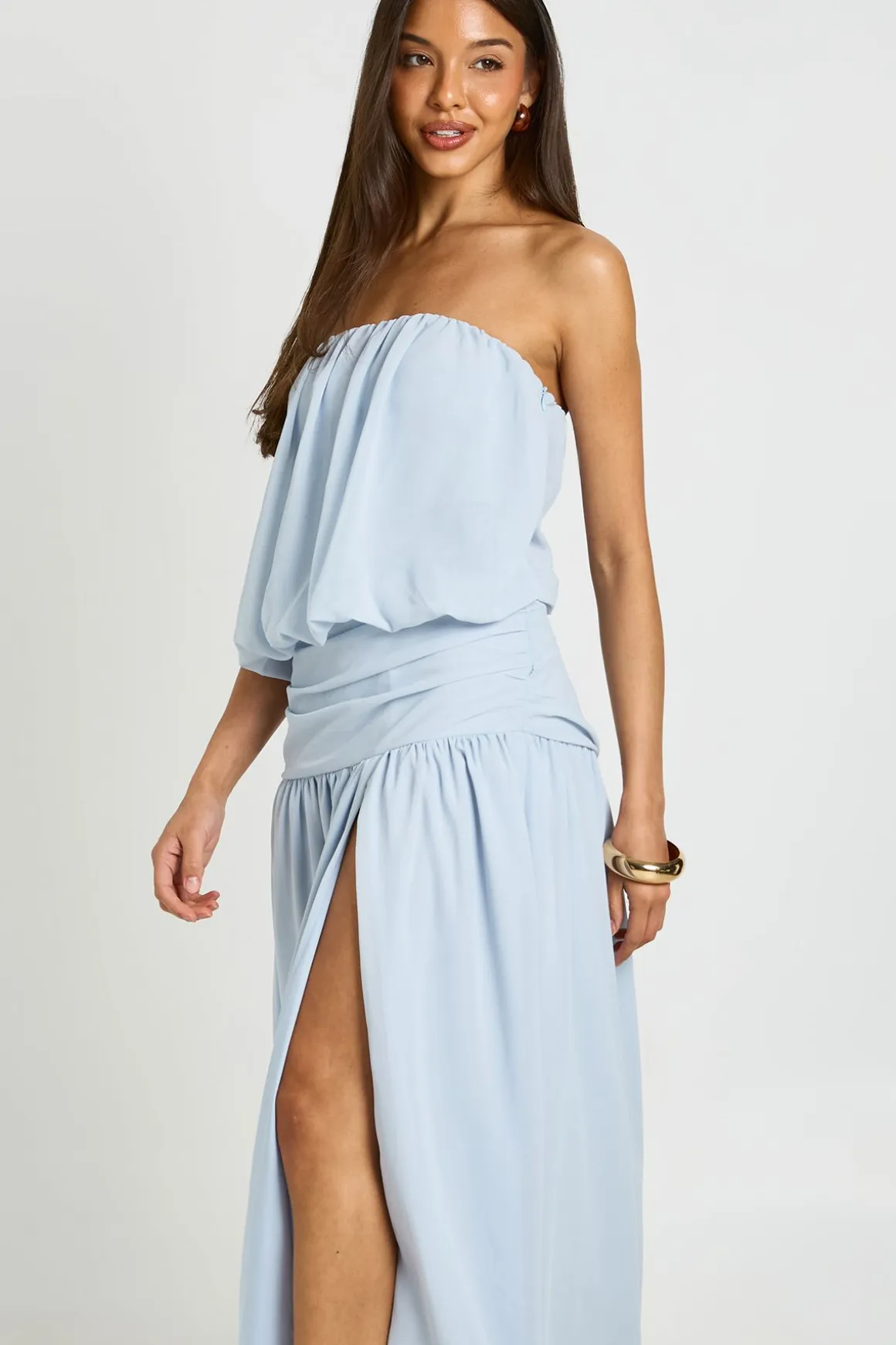 Robe Maxi Taille Basse Froncée Blouson Bandeau En Mousseline