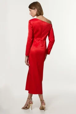 Robe maxi tailleur drapée italienne à côtes structurées et décolleté asymétrique