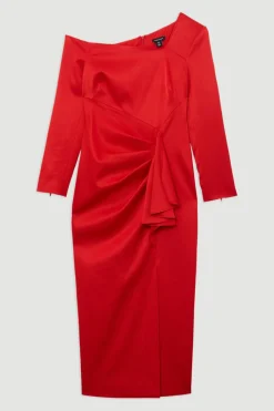 Robe maxi tailleur drapée italienne à côtes structurées et décolleté asymétrique
