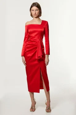 Robe maxi tailleur drapée italienne à côtes structurées et décolleté asymétrique