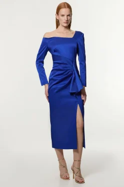 KarenMillen Robe maxi tailleur pour femmes grandes en côtes structurées italiennes à encolure asymétrique drapée<Femme Tailleurs|Robes À Manches Longues