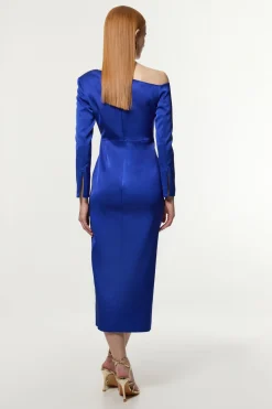 KarenMillen Robe maxi tailleur pour femmes grandes en côtes structurées italiennes à encolure asymétrique drapée<Femme Tailleurs|Robes À Manches Longues