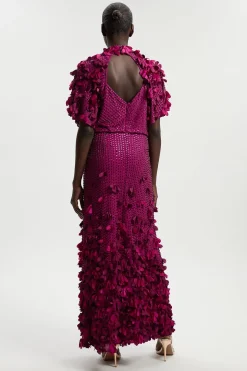 Robe maxi tissée à appliqué de cristal et manches d’ange