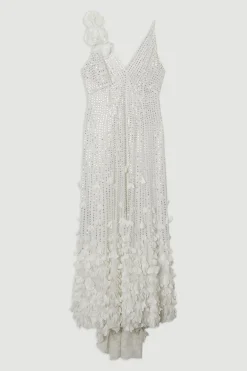 Robe maxi tissée à appliques de cristal et rosette à fines bretelles