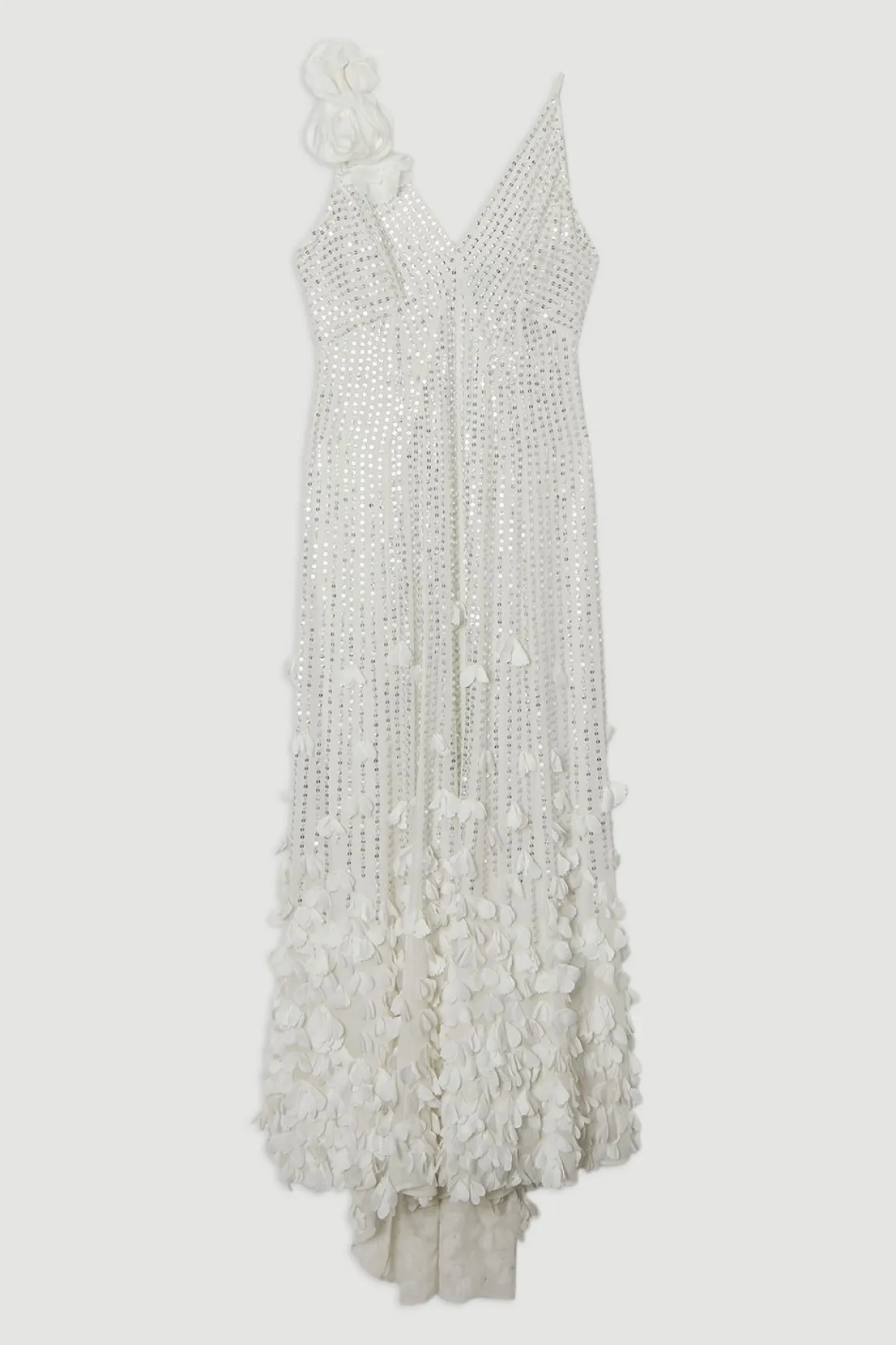 Robe maxi tissée à appliques de cristal et rosette à fines bretelles