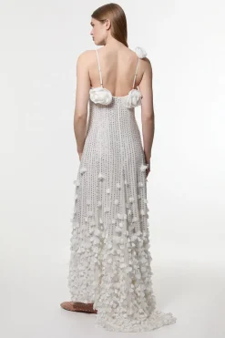 Robe maxi tissée à appliques de cristal et rosette à fines bretelles