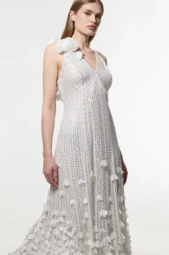 Robe maxi tissée à appliques de cristal et rosette à fines bretelles