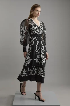 KarenMillen Robe Maxi Tissée à Appliques en Organdie Boutonnée pour Grandes Tailles<Femme Robes À Manches Longues|Robes