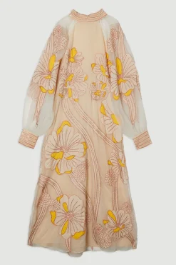 KarenMillen Robe Maxi Tissée à Appliqué Organdie Floral Graphique<Femme Toutes Les Robes|Robes Longues