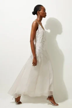 Robe Maxi Tissée à Appliqué Satiné