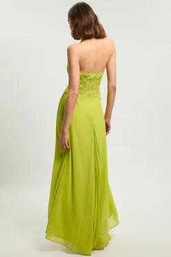 Robe Maxi Tissée Brodée Avec Découpes Ajourées Et Godets Plissés