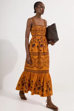 Robe maxi tissée à broderie florale et géométrique