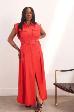 KarenMillen Robe Maxi Tissée Ceinturée En Viscose Lin Premium Avec Détail De Quincaillerie Dorée<Femme Toutes Les Robes|Robes Longues
