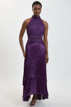 KarenMillen Robe maxi tissée à col halter, ornée de franges et de perles<Femme Robes|Robe Invitée Mariage
