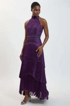 KarenMillen Robe maxi tissée à col halter, ornée de franges et de perles<Femme Robes|Robe Invitée Mariage