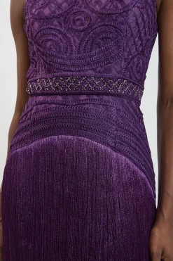 KarenMillen Robe maxi tissée à col halter, ornée de franges et de perles<Femme Robes|Robe Invitée Mariage