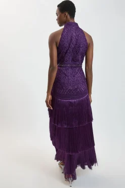 KarenMillen Robe maxi tissée à col halter, ornée de franges et de perles<Femme Robes|Robe Invitée Mariage