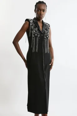 Robe maxi tissée à col plongeant avec détails embellis