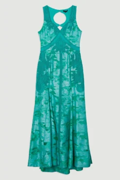 Robe maxi tissée à décolleté en V profond, ornée de motifs tropicaux Burnout